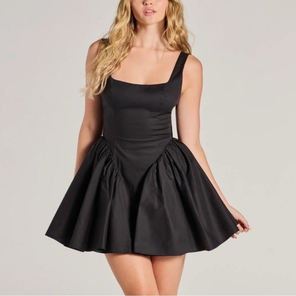 WINDSOR Black Drop Waist Mini Dress Bow Tie Back Square Neck Poofy Mesh Slim S